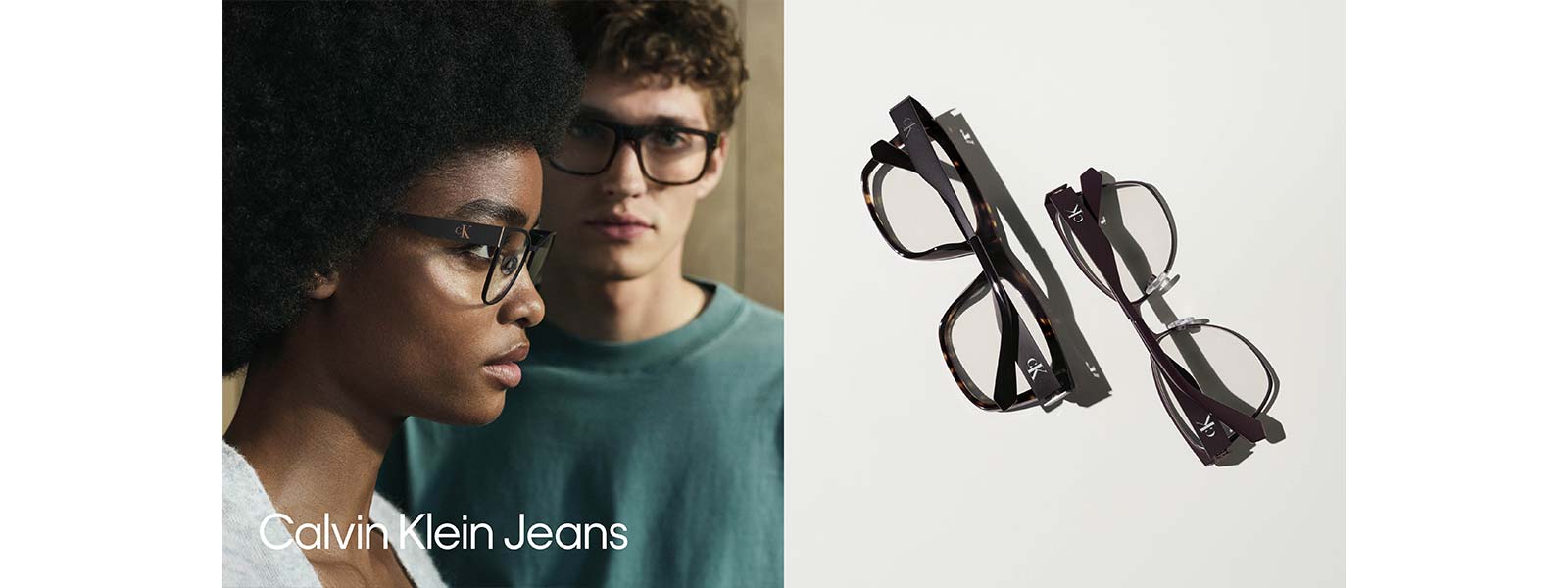 Calvin Klein Jeans: linke Bildseite zeigt eine junge Frau und einen jungen Mann, die jeweils eine Brille tragen. Die rechte Bildseite zeigt zwei Brillenfassungen